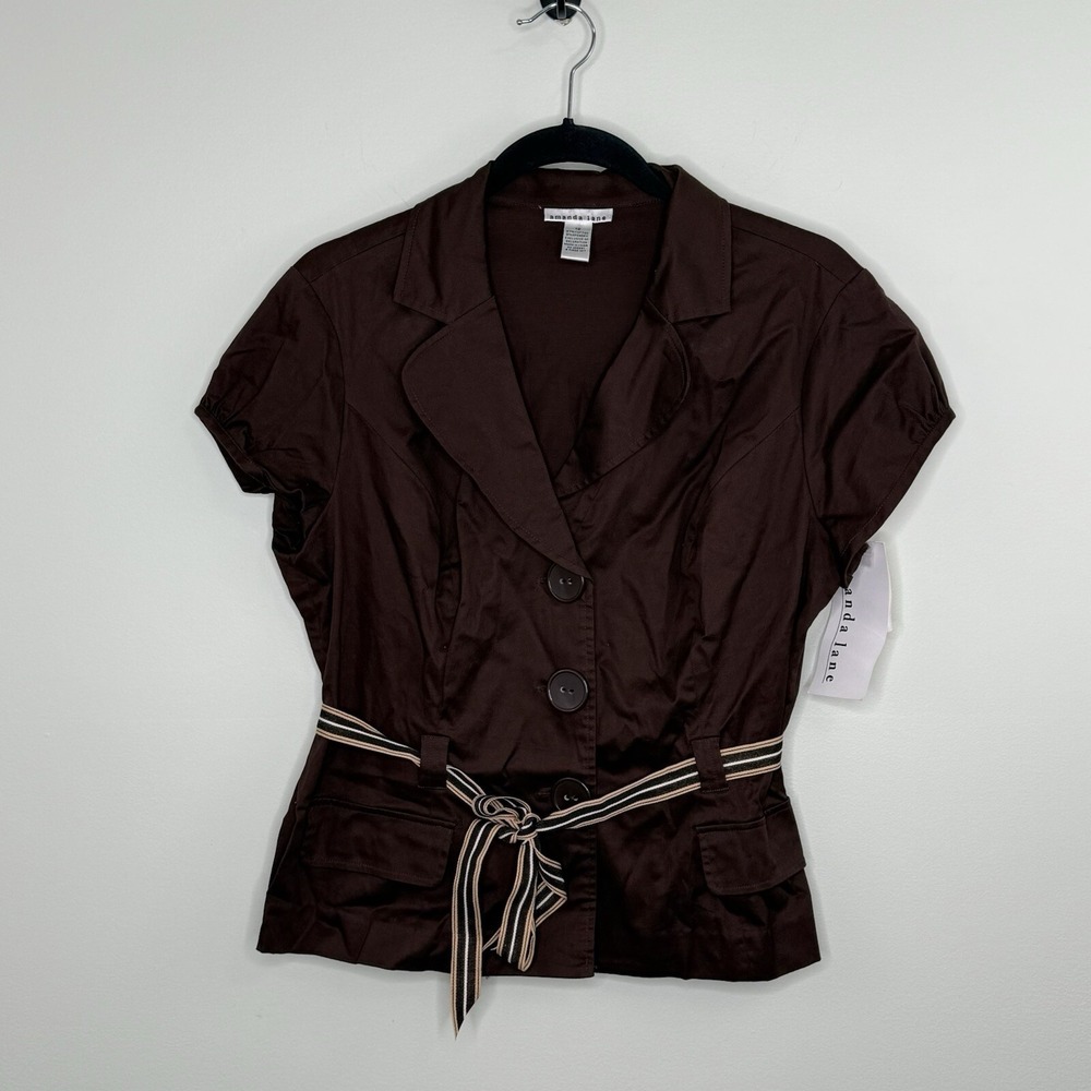 Amanda Lane Womens Brown Notch Collar Button & Tie Front Short Sleeve Blouse 12